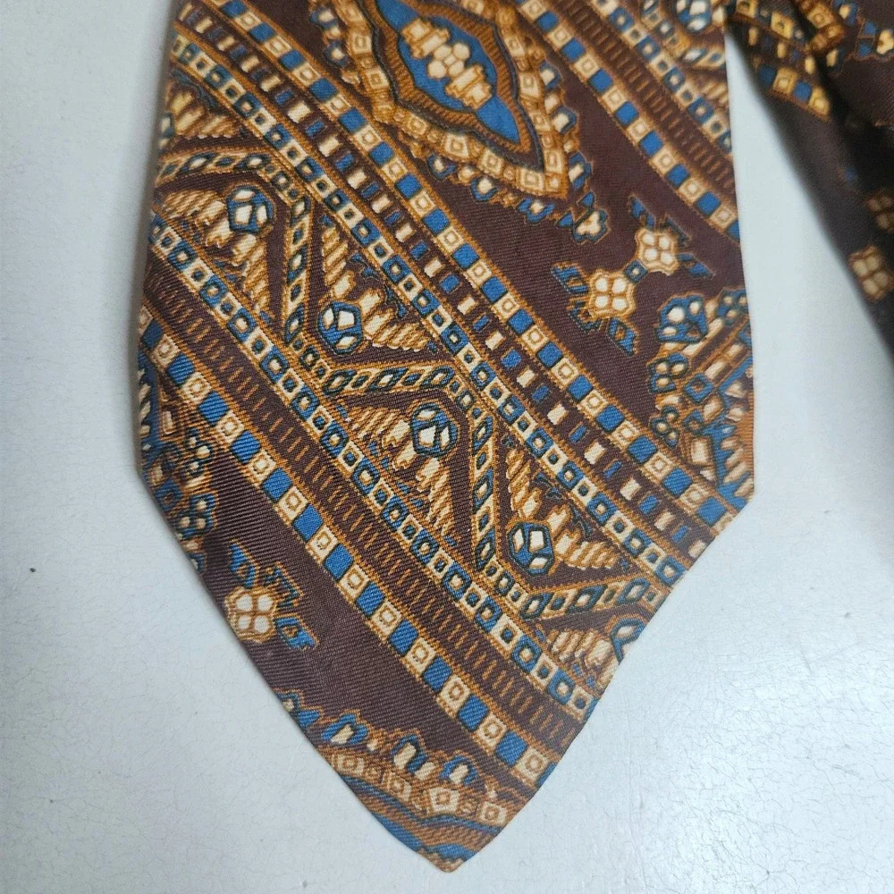 Vtg Brooks Brothers Makers Silk Tie Brown Blue Geometric Paisley Printed England